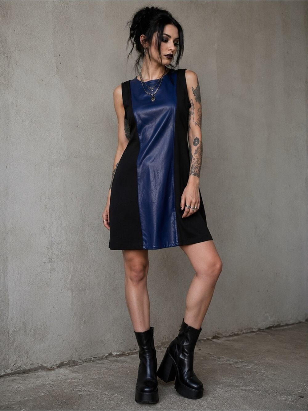 PJK Vintage Lamb Leather Panel Black Blue Clara Shift Dress Y2K Whimsygoth Sz S